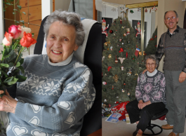 A photo of an elderly woman in a blue and white sweater who's holding white and red roses as she sits in a chair and a second photo of her sitting next to a Christmas tree with a man standing next to her with grey hair and mustache wearing a grey vest and plaid shirt