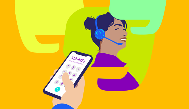 An orange, lime green and teal illustration showing a woman in a purple shirt wearing a headset with someone holding a cell phone that shows 310-6478 on the screen