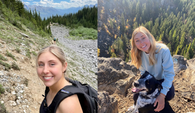 Two images of a young woman hiking in the mountains.