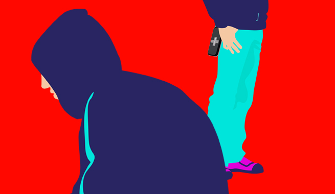 A red illustration of a young person in a blue hoodie hunched over next to a waist-down shot of someone in light blue pants