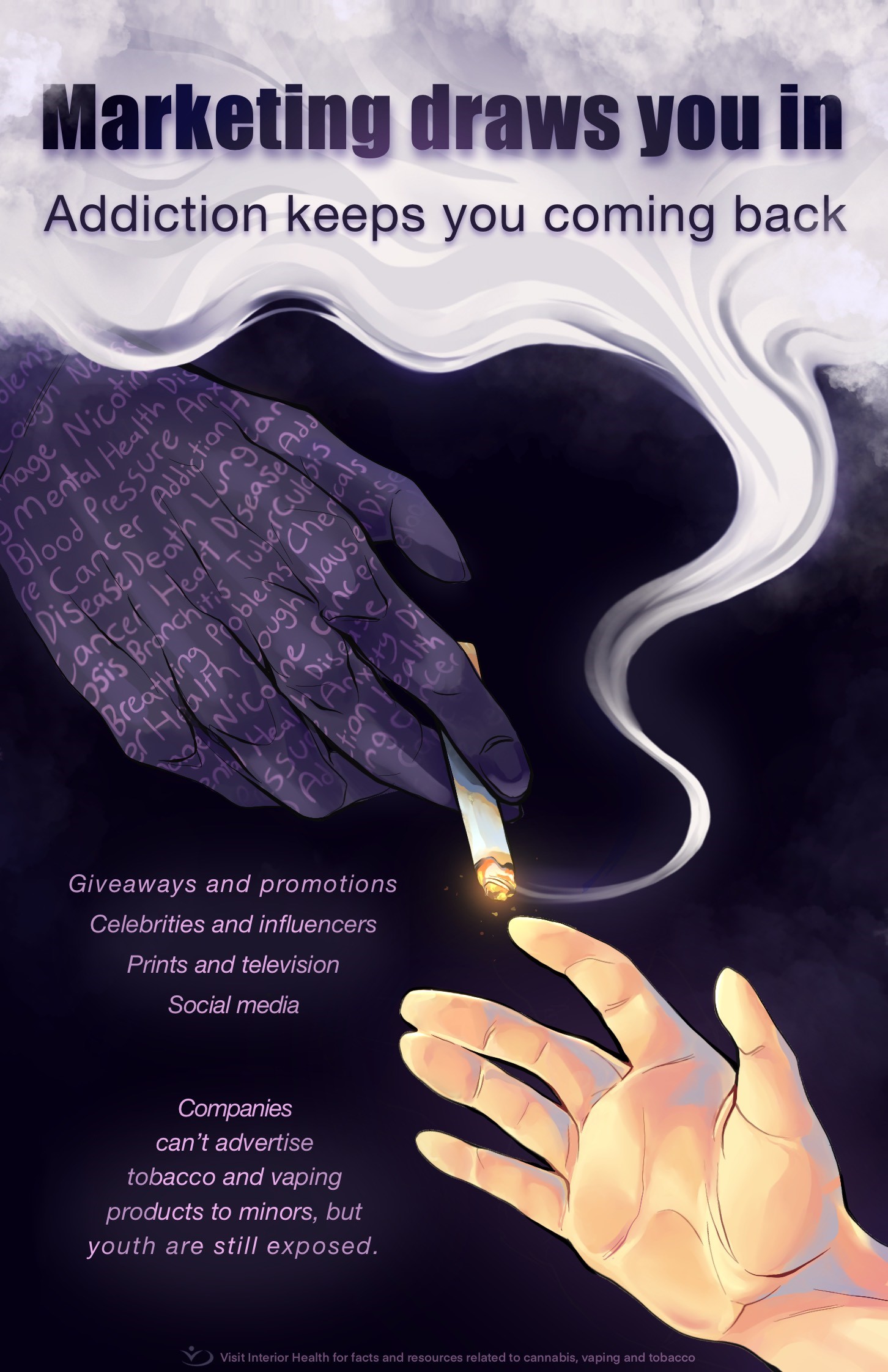 A dark blue and grey poster depicting a hand, a cigarette and smoke called marketing draws you in