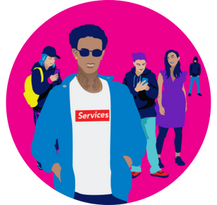An illustration of teenagers, with the focus being on the teenager in front of the others wearing a shirt that says services on it.