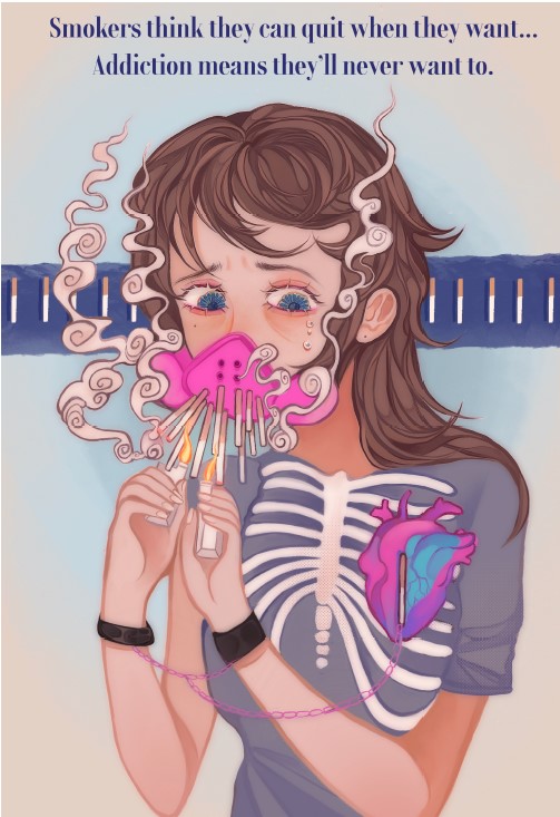 A poster talking about how addicting smoking is, showing a person in poor health smoking many cigarettes.