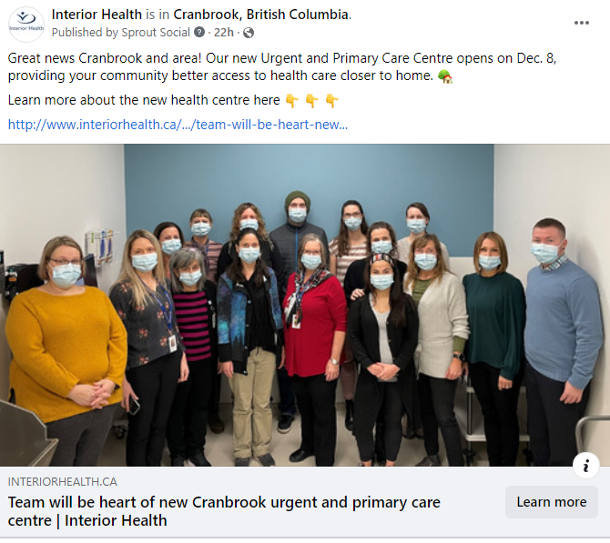 An Interior Health Facebook post about the Cranbrook UPCC opening