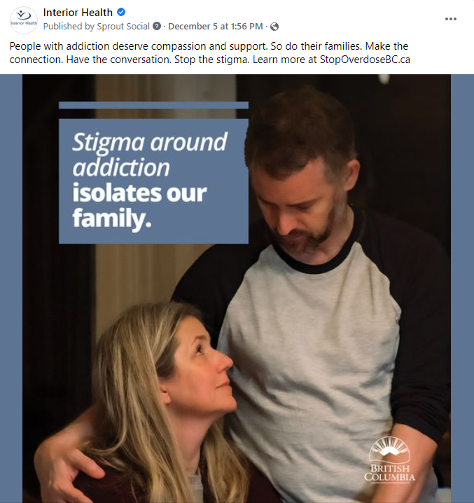 IH Facebook post about Province's Stop Overdose campaign