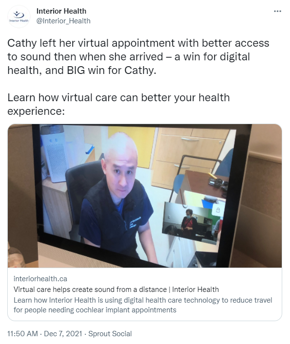 Twitter post about virtual care story at IH