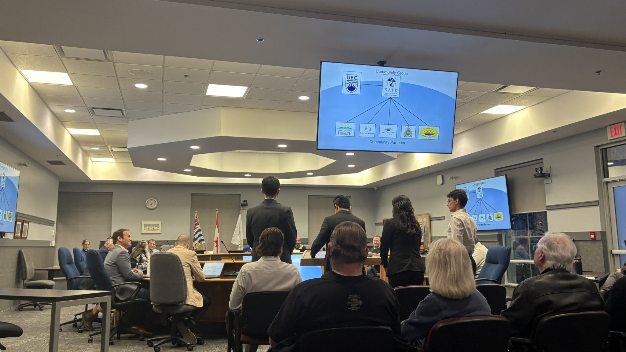 A group of young people in formal business attire stand up in front of a city council meeting. A screen above their heads shows a chart.