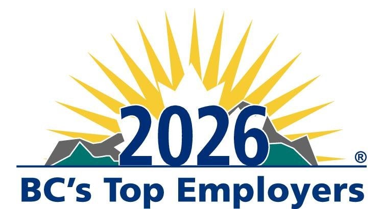 A logo for 2026 BC's Top Employers featuring an illustration of the sun rising from behind green grass, grey mountains and a white maple leaf.