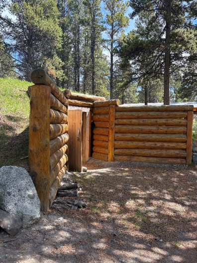 A structure made out of logs in a clearing on a sunny day.