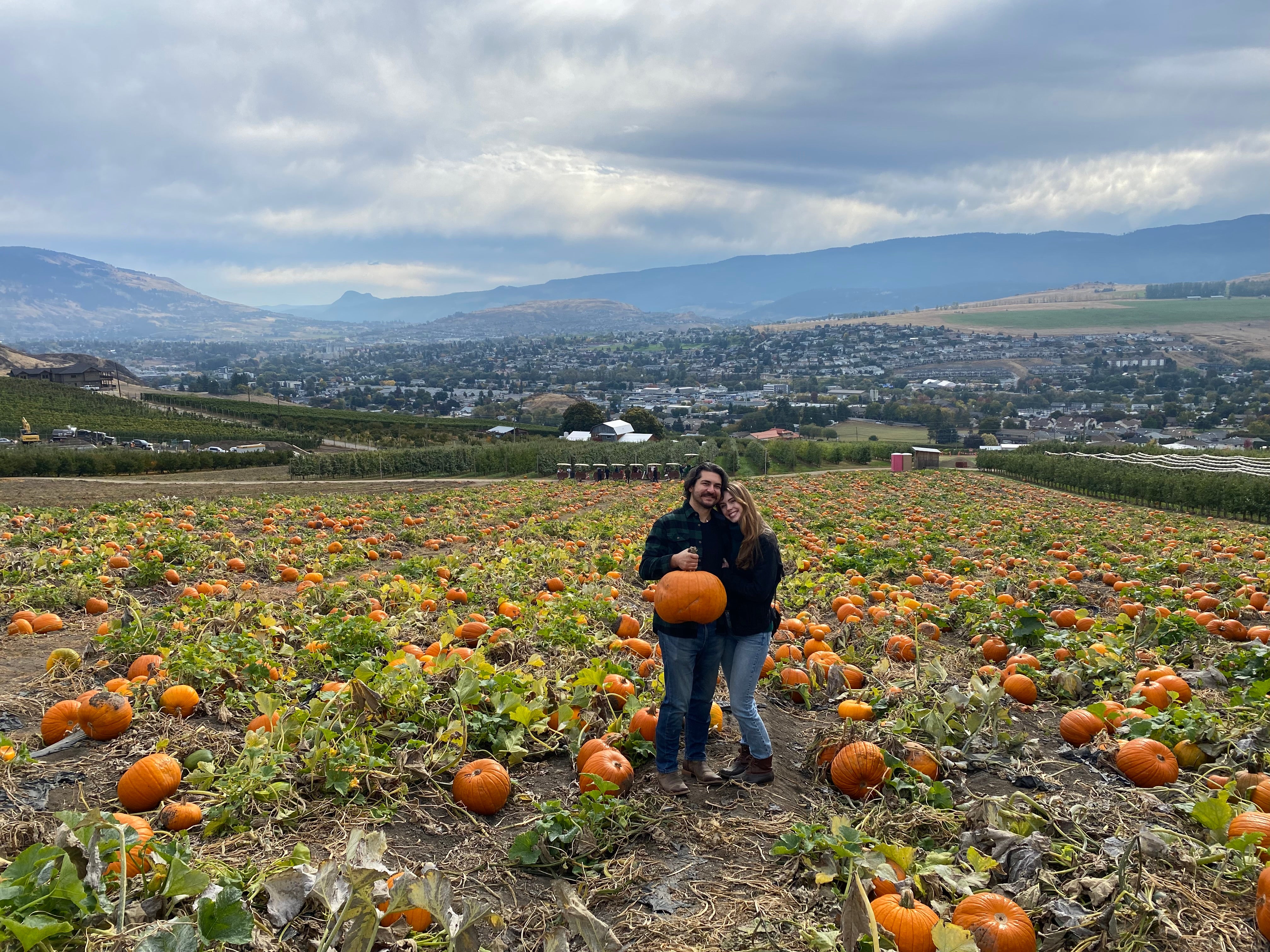 Two casually dressed people hold each other while standing in a pumpkin patch, with a city in the valley in the distance.