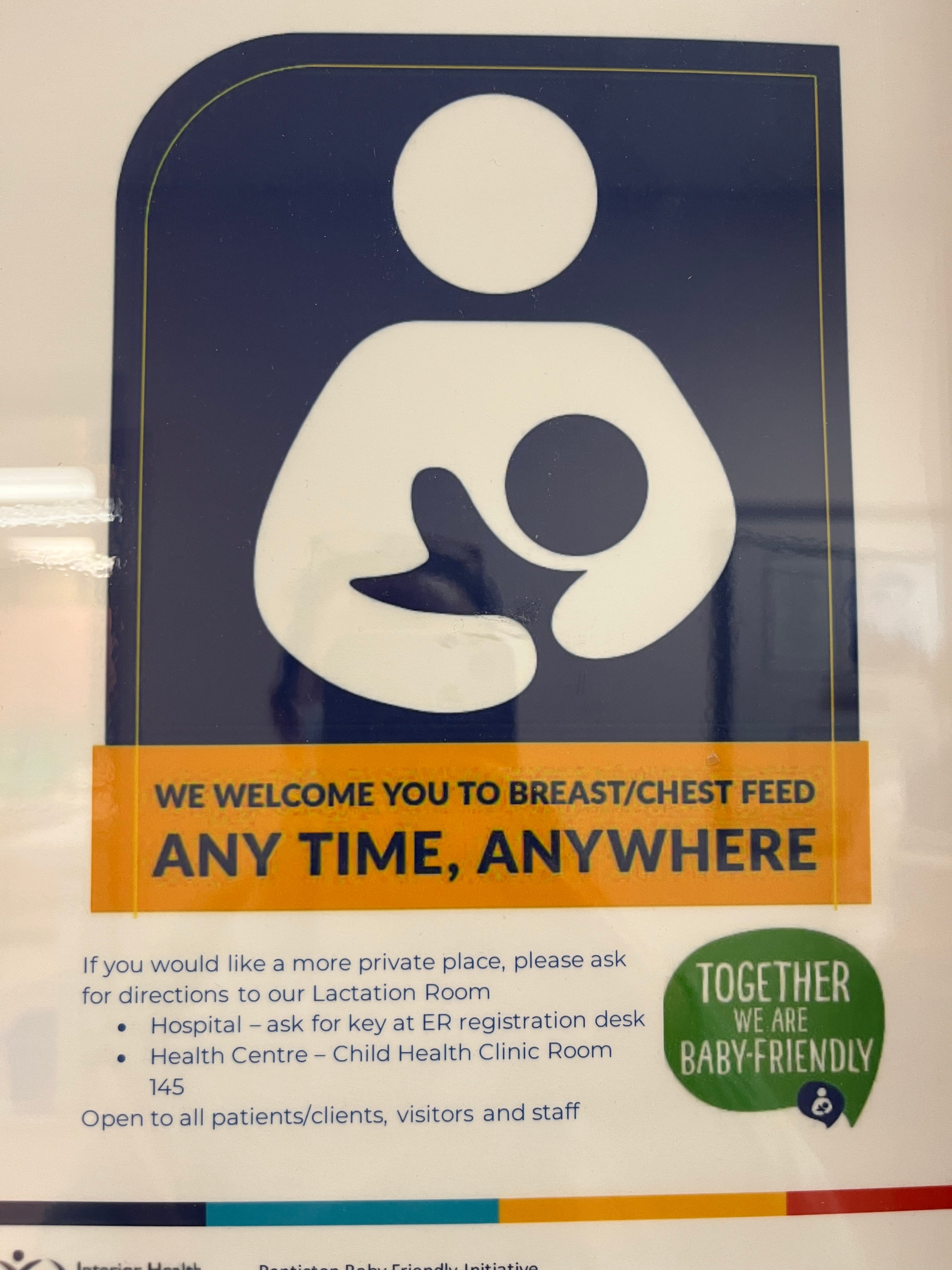 A poster showing an illustration of a human form holding a baby that says we welcome you to breast/chest feed any time, anywhere