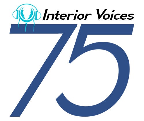 A logo. On top: a light blue visual of headphones over a dream catcher to the left of the words Interior Health in black. On bottom: a large number 75 in dark blue.