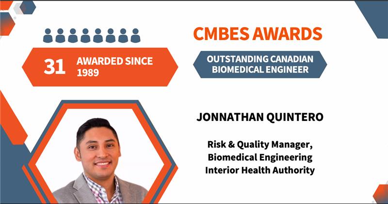 Award graphic featuring the words Outstanding Canadian Biomedical Engineer, and a headshot with title and name.