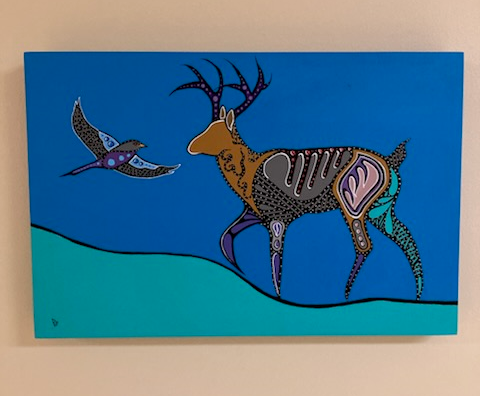 A bright blue and teal painting depicting a deer and bird called Forest Spirits 1.