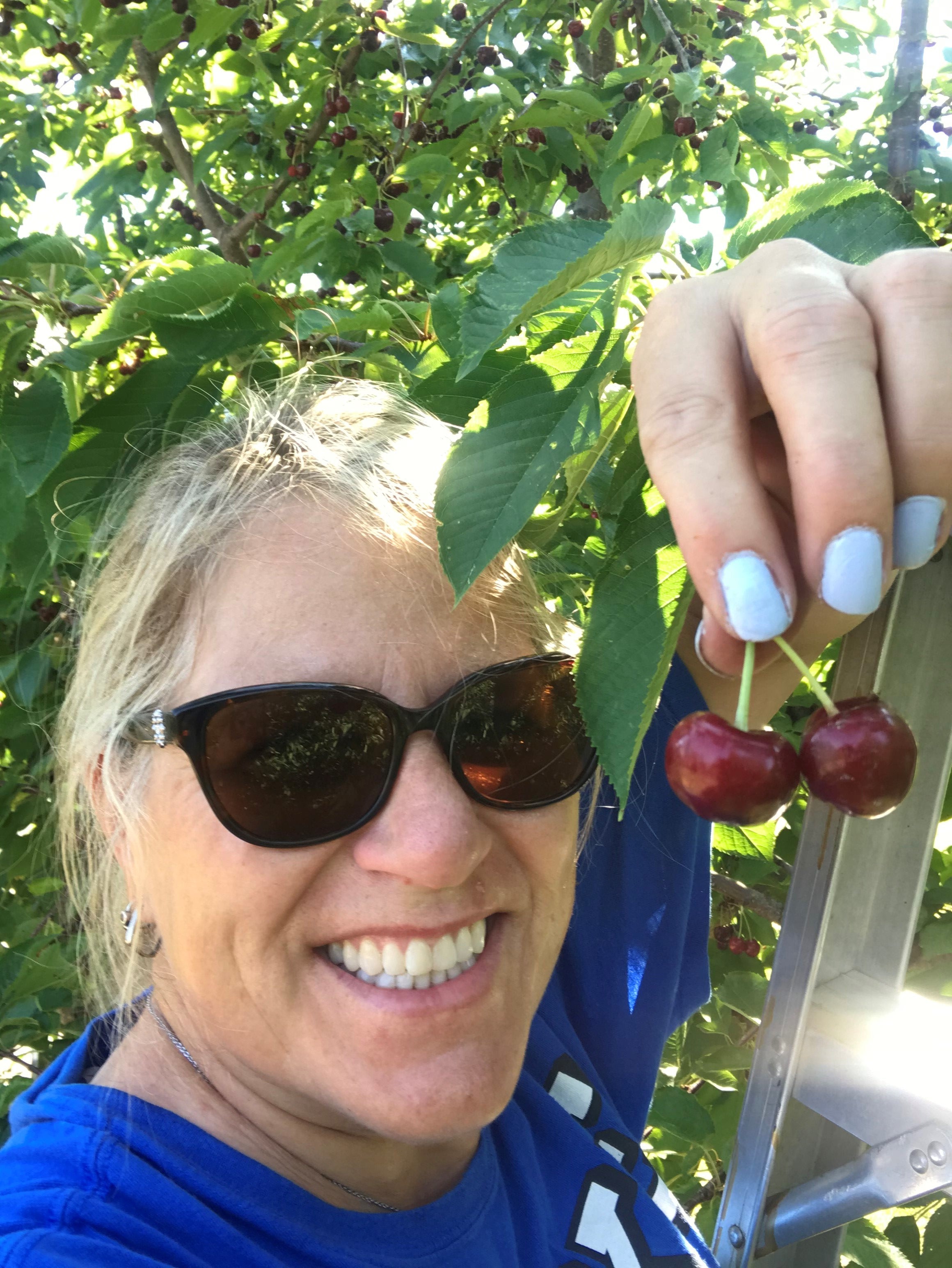 A woman with sunglasses on taking a selfie in her garden while holding up freshly picked cherries