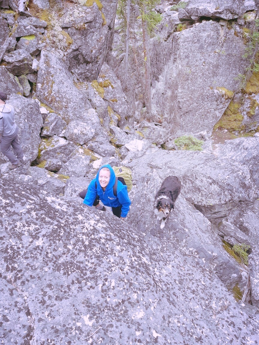A bird's eye view of a woman and her dog rock climbing 