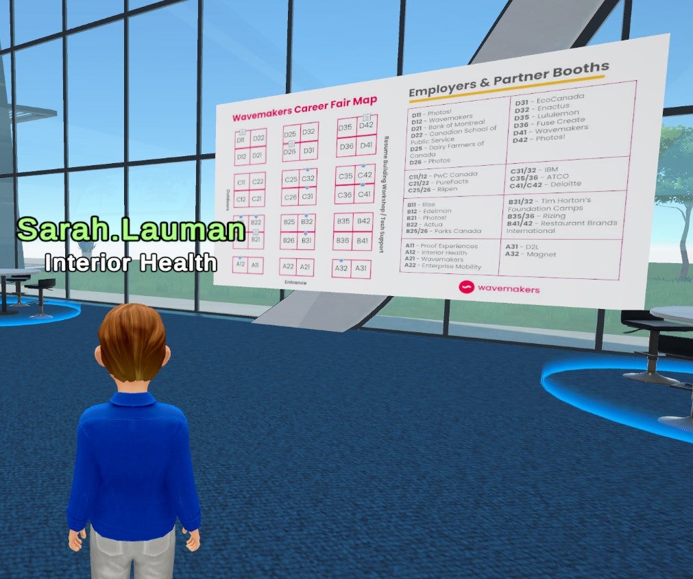 An avatar named Sarah stands in front of a virtual career fair map.