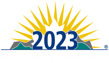 A logo with the words 2023 written out in blue, in front of various graphics including a white maple leaf, grey and green mountains and a yellow sun. The words BC's Top Employers is underneath.