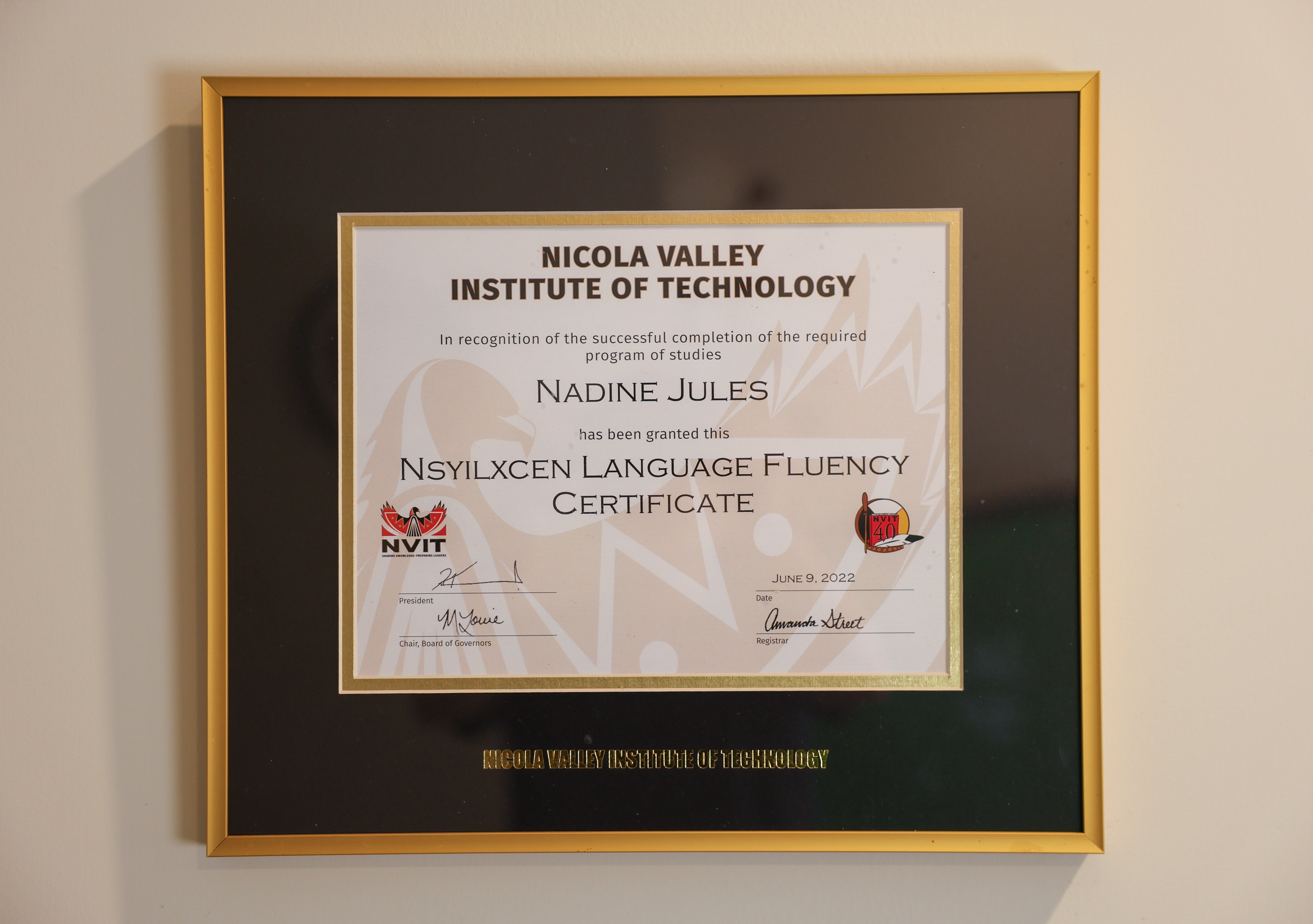 A certificate for language studies hanging on a beige wall.