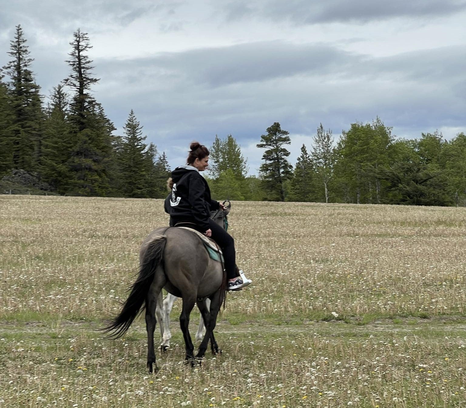 A person in black clothing and helmet rides a grey horse in a field of grass on a cloudy day.