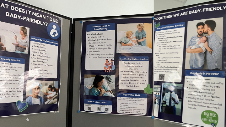 A three-sided poster display describes the importance of breastfeeding and what it means to be baby-friendly