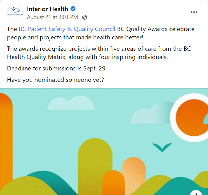Facebook post of The BC Patient Safety & Quality Council BC Quality Awards