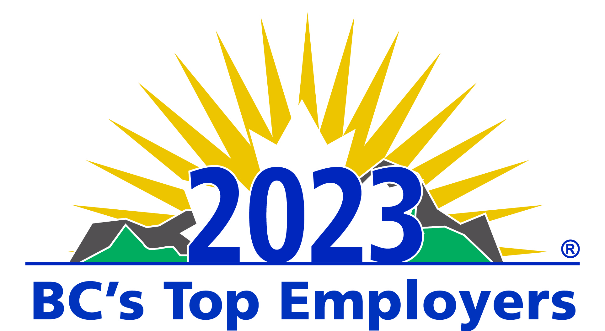 A logo with the words 2023 written out in blue, in front of various graphics including a white maple leaf, grey and green mountains and a yellow sun. The words BC's Top Employers is underneath.