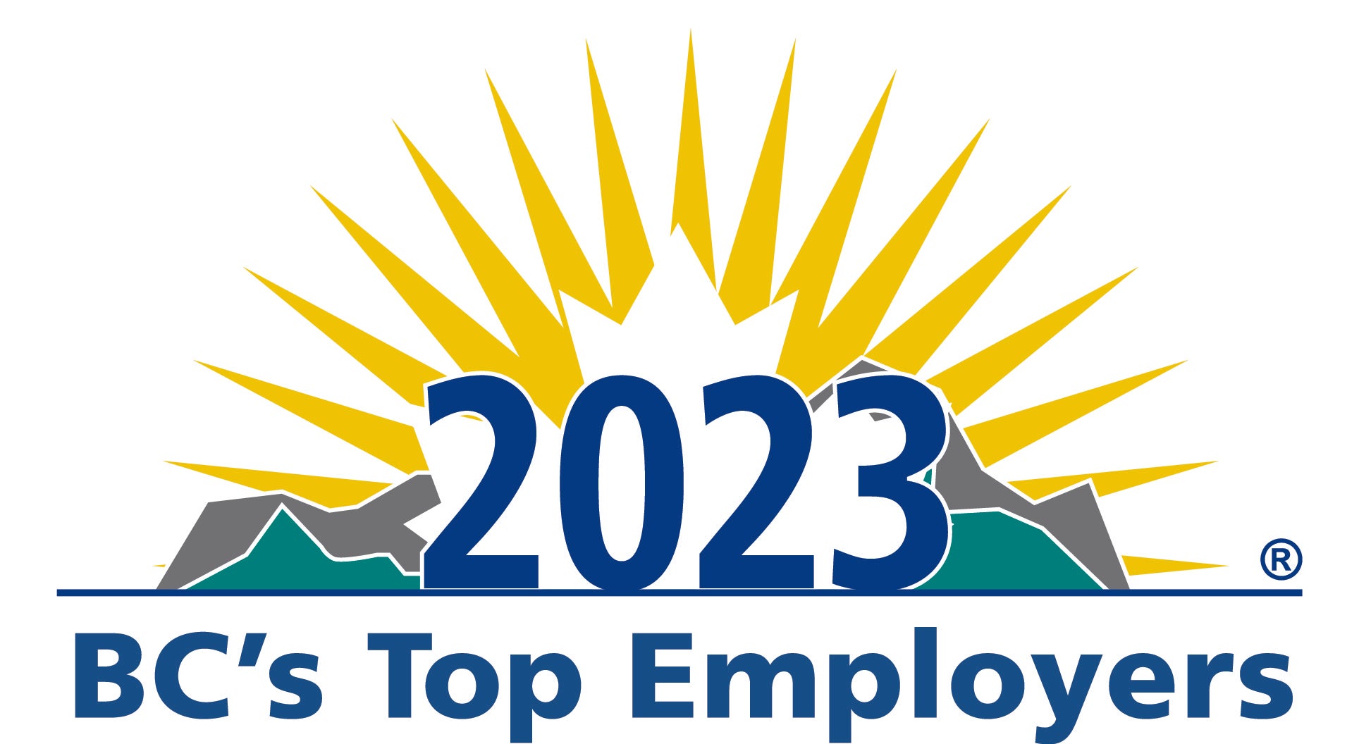 A logo with the words 2023 written out in blue, in front of various graphics including a white maple leaf, grey and green mountains and a yellow sun. The words BC's Top Employers is underneath.