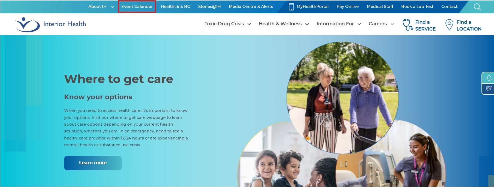 A screenshot of Interior Health's website home page, with the menu item titled event calendar highlighted.