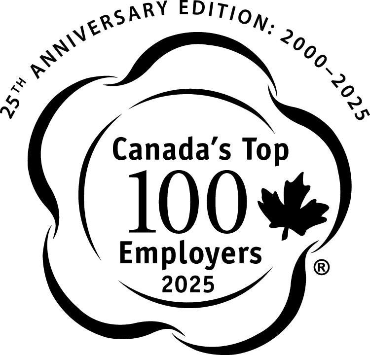 A black, swirly logo with the words Canada's Top 100 Employers 2025 and a maple leaf in the center, and the words 25th anniversary edition: 2000-2025 on top.