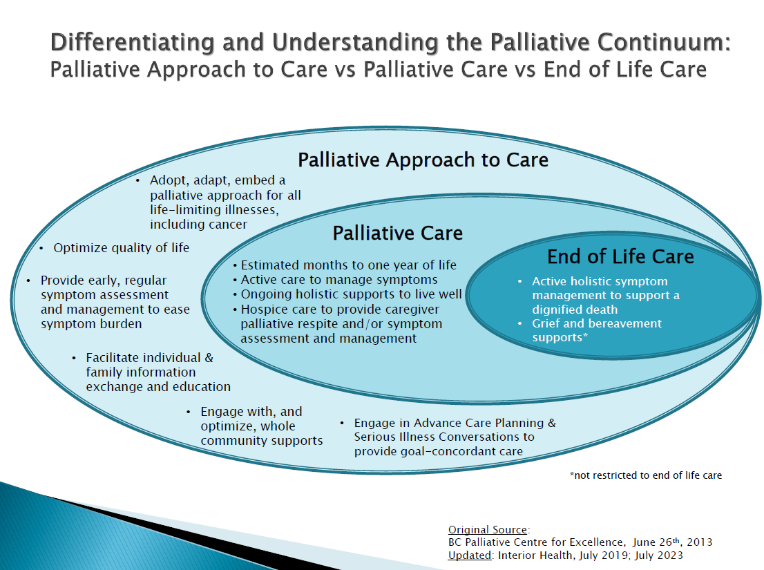 A multi-toned blue image of concentric ovals describing palliative care and end of life care