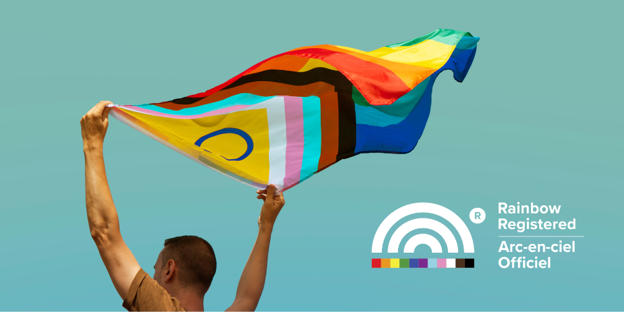 A pair of arms hold up a pride flag. A Rainbow Registered logo is on the bottom right of the image.
