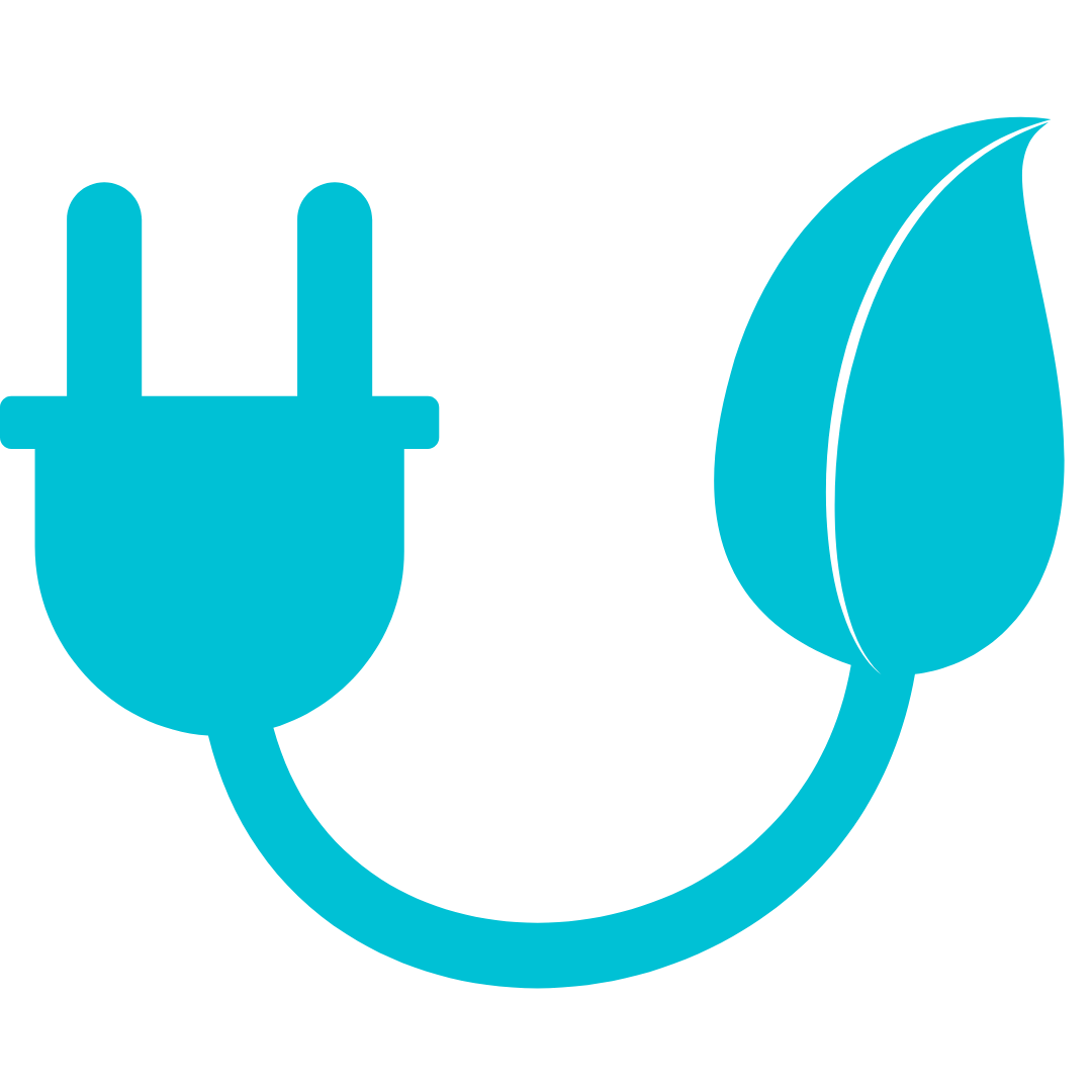 An illustration of a blue electric cord with a plug on one end and a leaf on the other in the shape of a U
