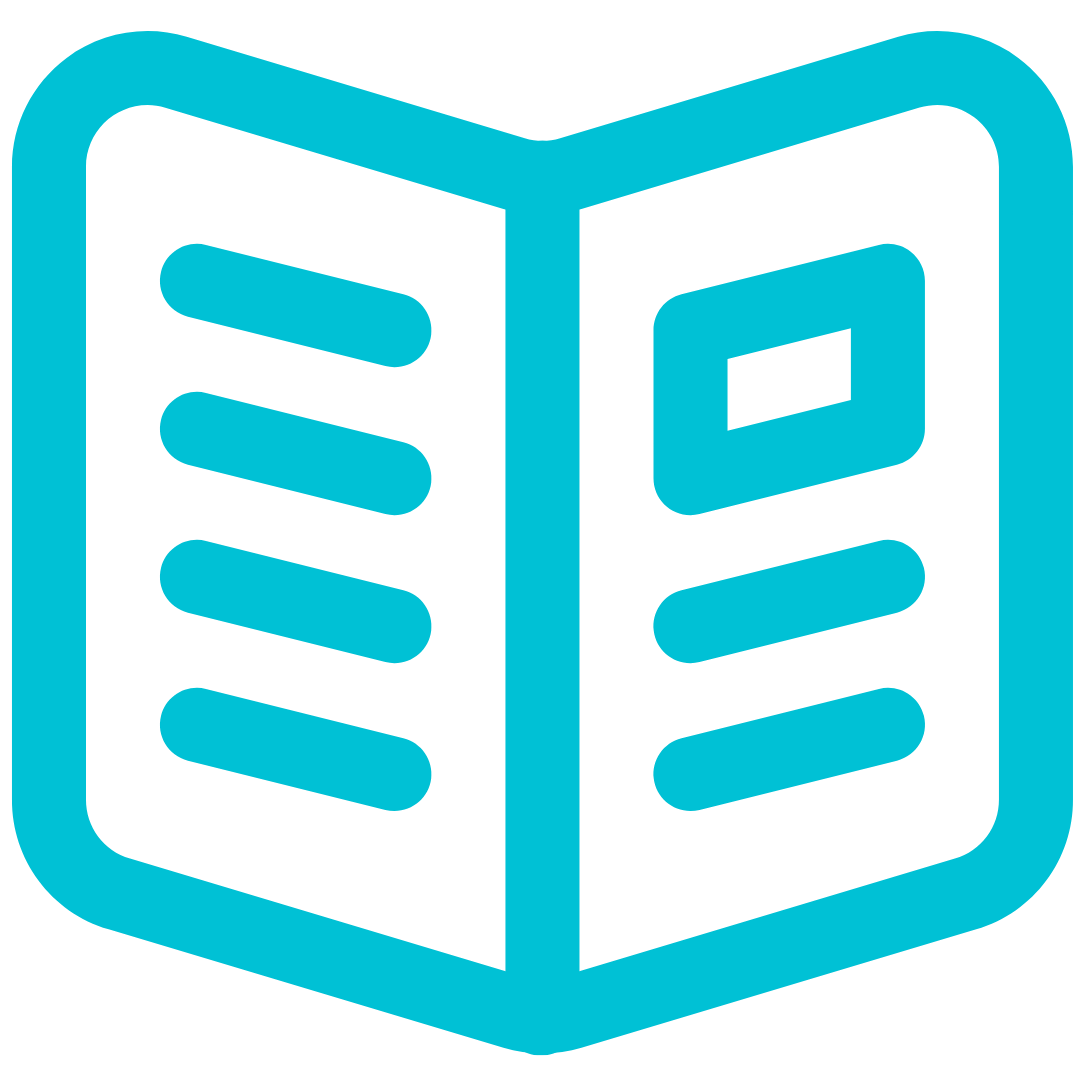 A simple illustration of an open blue book with stylized lines and an image