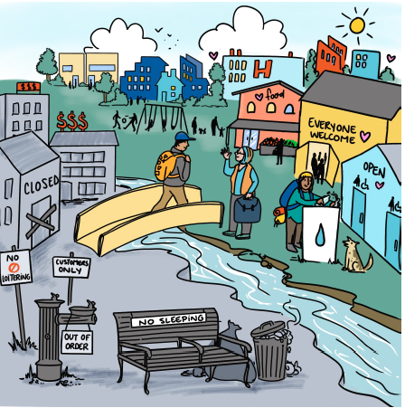 An illustration of a small town showing a yellow bridge over a river from a grey neighbourhood to a happy, bright one.