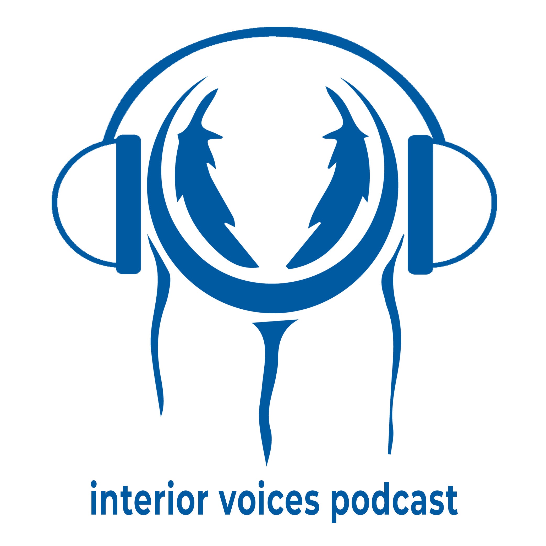 A dark blue logo featuring headphones over a dream catcher, on top of the words interior voices podcast.