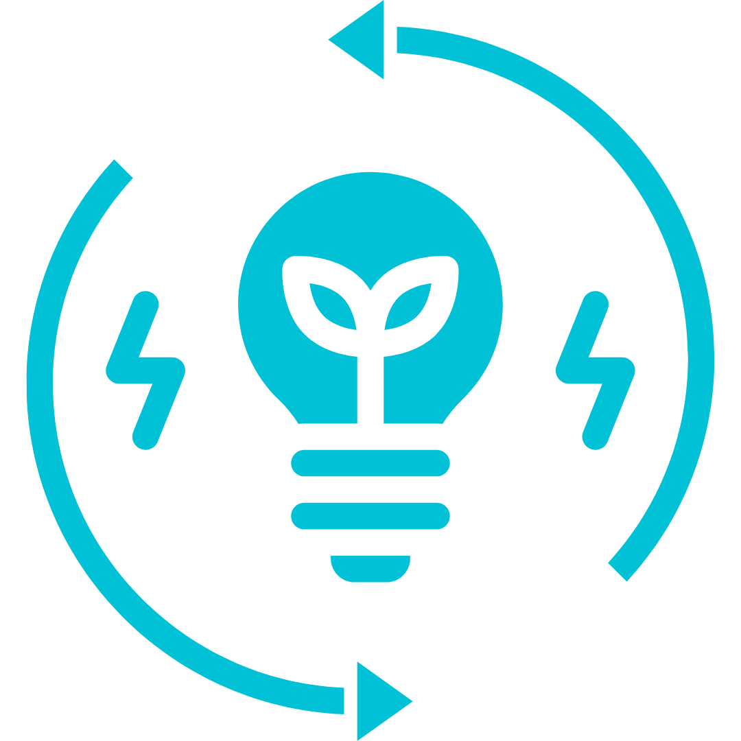 An illustration of a blue lightbulb next to two electricity bolts and with two arrows circling around