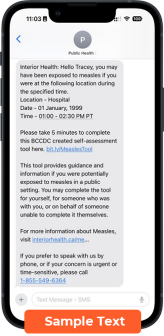 A screenshot of a cell phone text message with sample text sent to someone who may have been exposed to measles.
