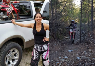 Side-by-side photos of a person, one posing in front of a black pick-up truck carrying a dirt bike, and one with the person coming through a forest on the dirt bike