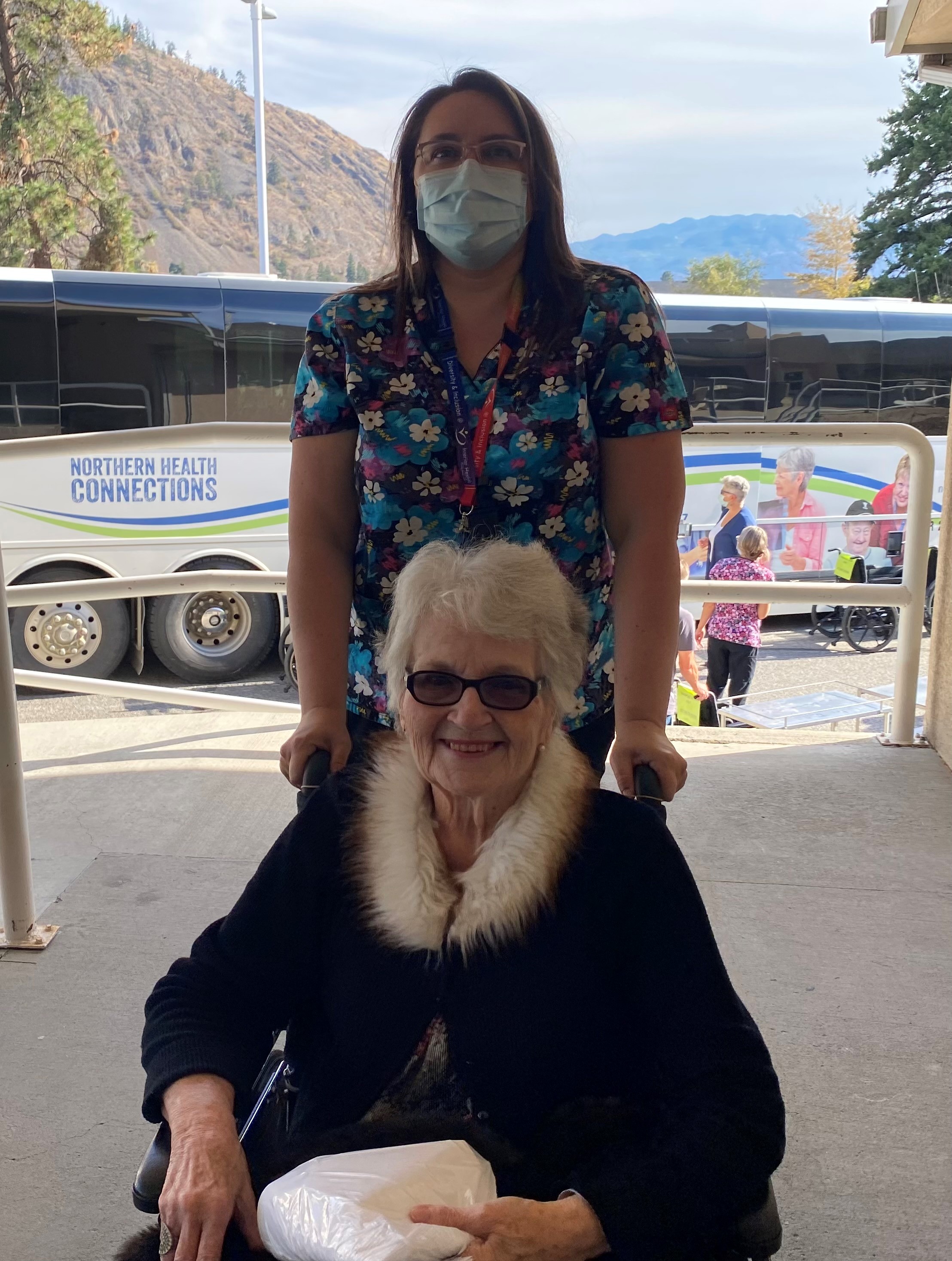 Brookhaven Care Centre staff member Tana and resident Mary return home.