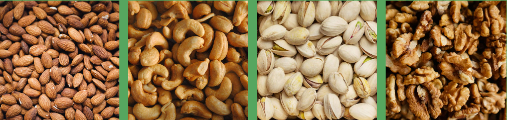 A series of four photos depicting different kinds of nuts - almonds, cashews, pistachios and walnuts