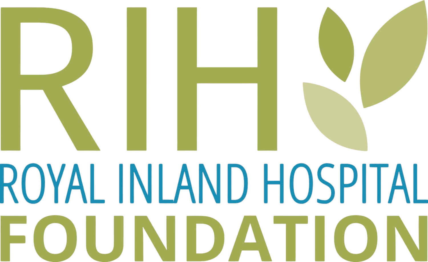 A logo with large green letters RIH on top next to green leaves, the words Royal Inland Hospital in blue in the middle and the word foundation in green on the bottom.