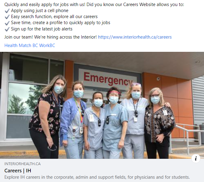 Facebook post about new careers website