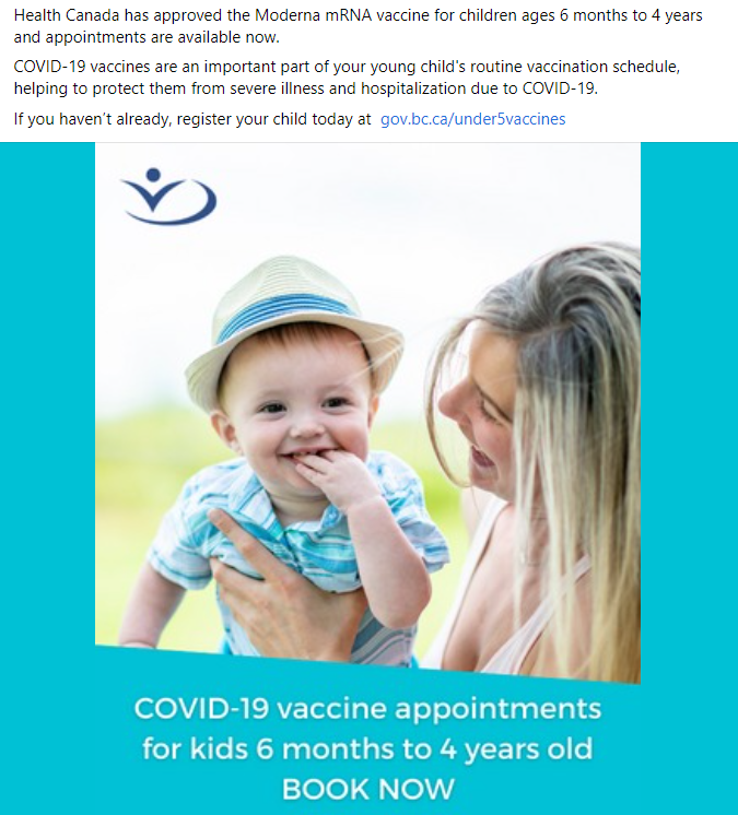 Facebook post with info about COVID-19 vaccines for kids