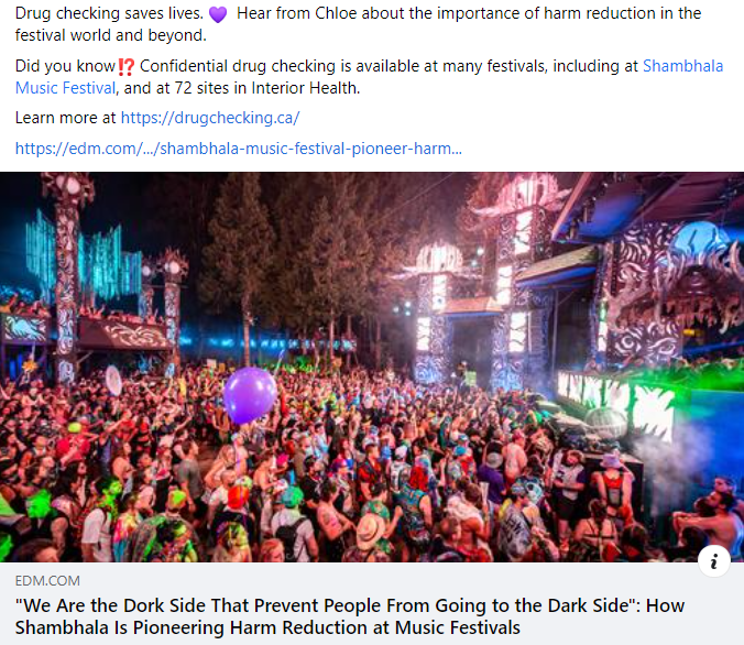 Facebook post of Shambala drug checking