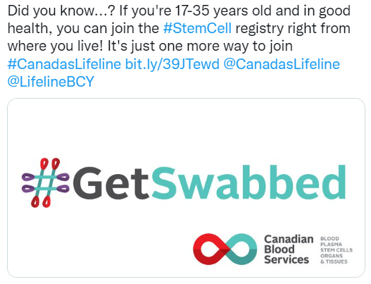Twitter post about signing up for the stem cell registry