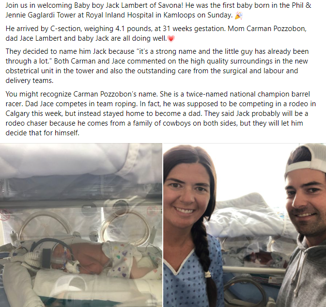 Facebook post of first baby born at RIH tower