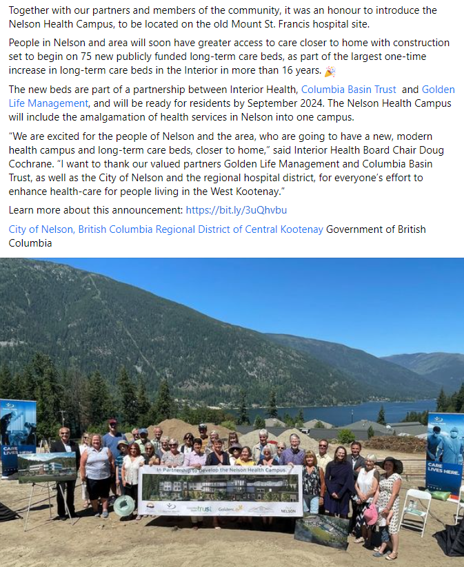 Facebook post of Nelson LTC announcement