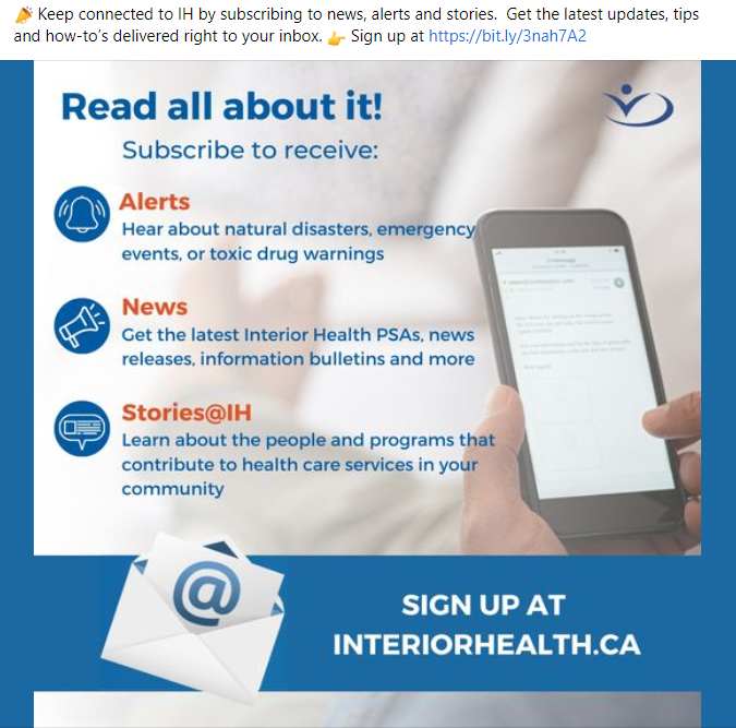 Facebook post for signing up for website news and alerts