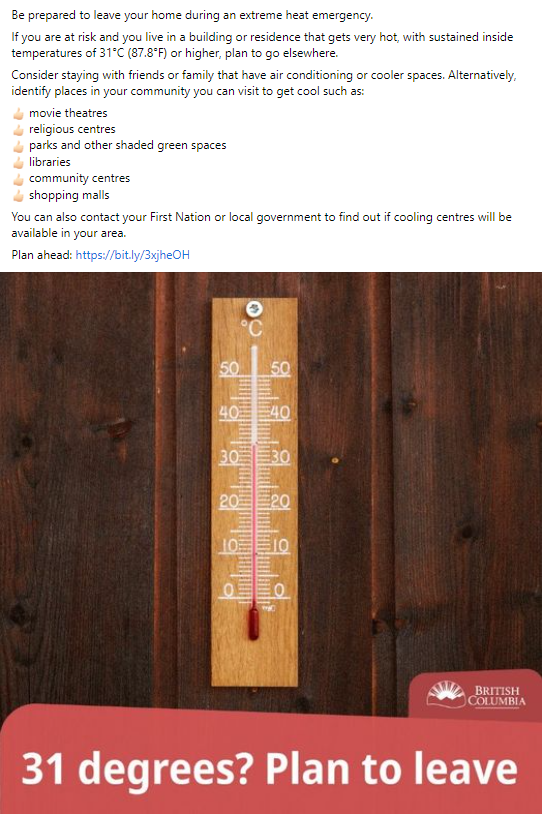 Facebook post of heat emergency